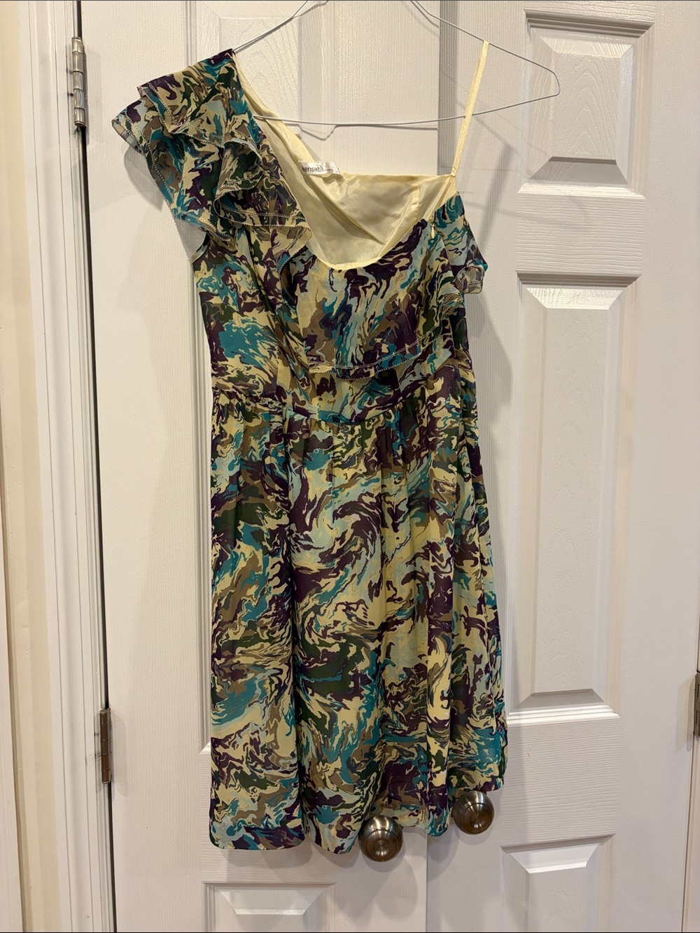 Kensie One-Shoulder Swirl Print Dress in Yellow, Teal, Purple